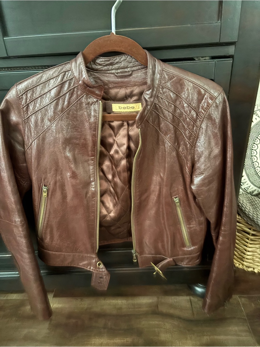 2B Bebe Brown Leather Quilted Moto Bomber Jacket
